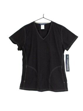 Nu Dimension Black V-Neck Medical Scrub Top W/ Khaki Stitching